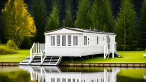 Static caravan by a lake scene